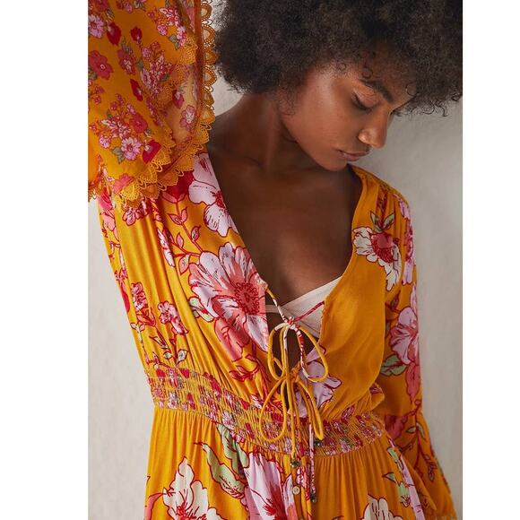 New Free People INTIMATELY Penny Printed Maxi Bodysuit $228 SMALL Gold Combo - Picture 2 of 7